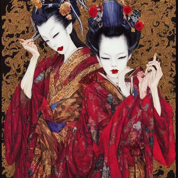 Image similar to watercolor painting of avant - garde portrait of an asian bjd geisha vampire queen with a long neck in a victorian red dress painted by yoshitaka amano, daniel merriam, ayami kojima, intricate detail, artstation, artgerm, in the style of dark - fantasy, rococo, gold leaf art