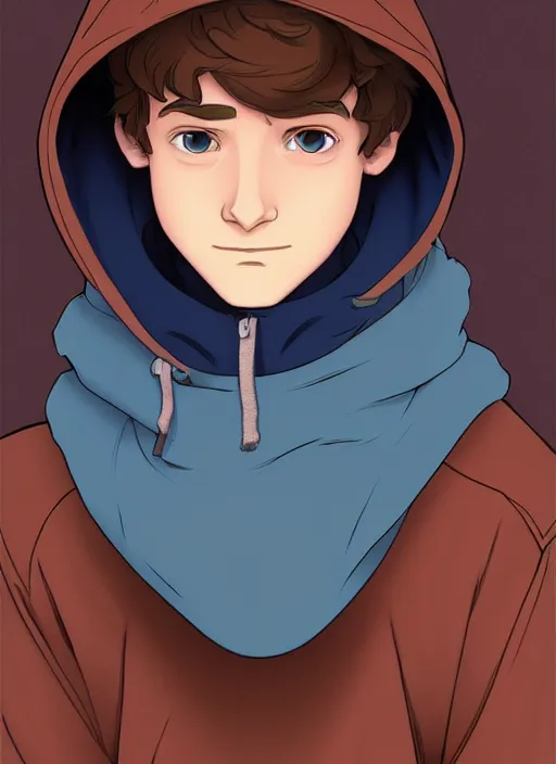 Image similar to teen boy with brown hair and big blue eyes, wearing a hoodie, sad, hiding under hood of hoodie, natural lighting, path traced, highly detailed, high quality, cartoon, digital painting, by don bluth and ross tran and studio ghibli and alphonse mucha