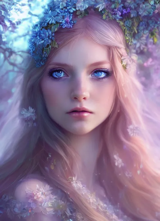 Prompt: portrait of a gorgeous fairy princess of the forest, perfect blue eyes, detailed iridescent floral pattern skin, ultra realistic, cinematic lighting, depth of field, artstation, artgerm, NeoArtCorE