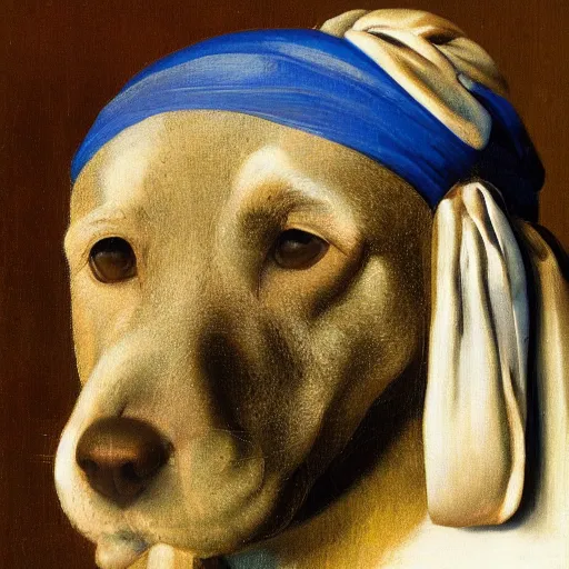 Image similar to Dog with a pearl earring, by Johannes Vermeer, 8k