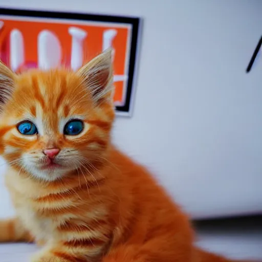 Image similar to cute fluffy orange tabby kitten with a sign that says