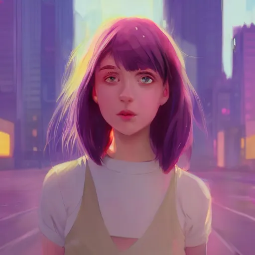 Image similar to young woman with shoulder length purple hair and yellow eyes dressed in a pink uniform, blurred city background in twilight lighting, ilya kuvshinov, anime, greg rutkowski, guweiz, ross tran, artstation trending, artgerm, concept art, digital painting, painterly