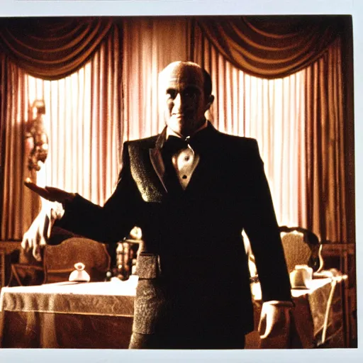 Image similar to movie still, shrek as michael in the godfather, film grain, realistic photo, 1 9 8 0 s, old movie, 1 6 mm