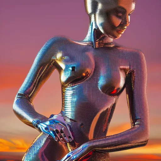 Prompt: a photo of a chrome woman by hajime sorayama, 4 k, golden hour, ƒ / 8, focal length : 5 0 mm, hyper detailed