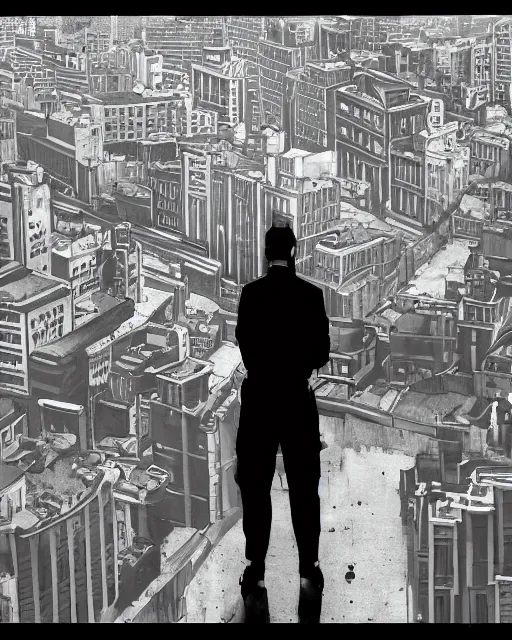 Prompt: a night rooftop scene, light from traffic in the city below, close up shot of a photorealistic gangster wearing a trench coat looking at the city below, high contrast, unreal engine, hyper realism, realistic shading, cinematic composition, realistic render, octane render, detailed textures