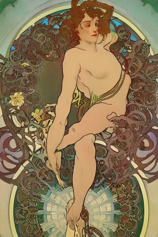 Image similar to summer swimming party, body horror, composition by alphonse mucha, octane render