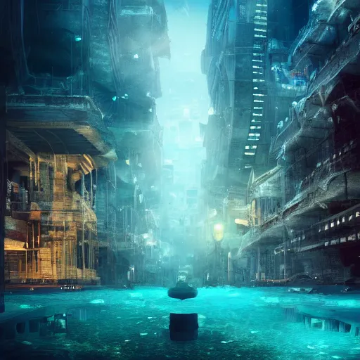 Prompt: underwater city with ghosts roaming the empty streets between the tall skyscrapers, cinematic, dramatic lighting, 1 6 : 9 aspect ratio