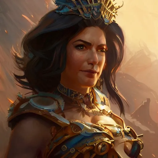 Image similar to Jeff Bezos!! Bezos female amazon warrior, closeup, D&D, fantasy, intricate, elegant, highly detailed, digital painting, artstation, concept art, matte, sharp focus, illustration, hearthstone, art by Artgerm and Greg Rutkowski and Alphonse Mucha