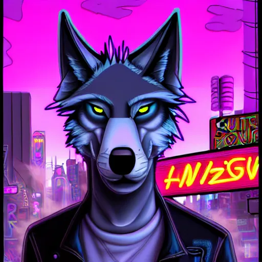 Image similar to beautiful commission digital art portrait commission of an androgynous furry anthro wolf wearing punk clothes in the streets of a cyberpunk city. neon signs, detailed background, futuristic adverts, holographics. character design by zaush, rick griffin, tessgarman, angiewolf, rube, miles df, smileeeeeee, furlana, fa, furraffinity