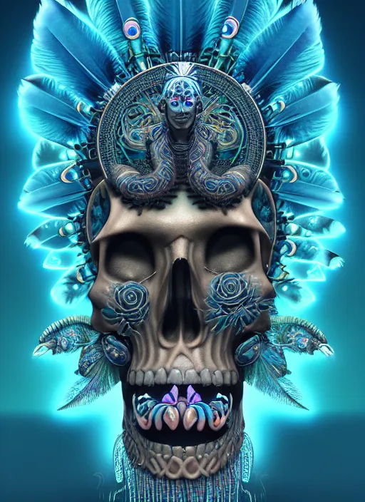 Image similar to 3 d shaman with tattoos profile portrait, sigma 5 0 0 mm f / 5. beautiful intricate highly detailed quetzalcoatl skull and feathers. bioluminescent, gradient background, plasma, frost, water, wind, creature, thunderstorm! artwork by tooth wu and wlop and beeple and greg rutkowski, 8 k trending on artstation,