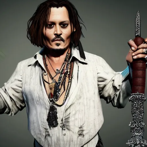 Prompt: johnny depp!!!! holding a sword, photorealistic, 4 k, 8 k