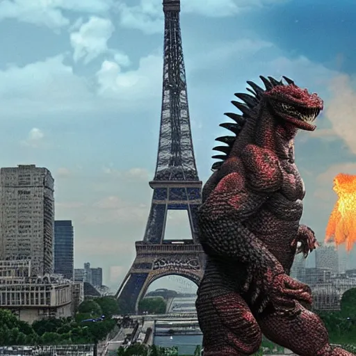 Image similar to predator vs godzilla in front of Eiffel tower, highly detailed, hyoer realistic 4k