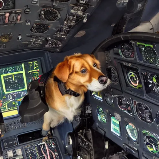 Prompt: a dog flying an airplane in the cockpit