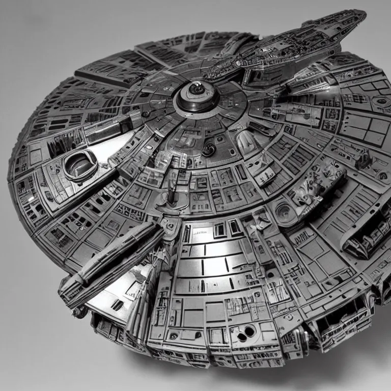 Image similar to model millenium falcon on a stand, 1 9 8 0 s, product shot, shiny, reflective, studio photo, side show collectibles, realistic