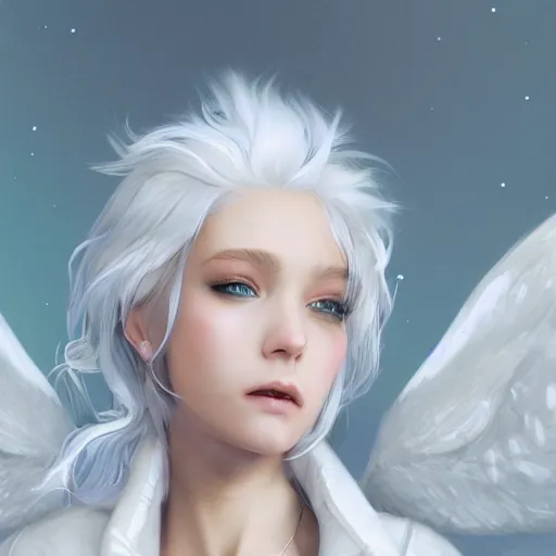 Prompt: white haired girl with wings, white jacket, white bra, snowy background, hyper detailed, digital art, trending in artstation, cinematic lighting, studio quality, smooth render, unreal engine 5 rendered, octane rendered, art style by klimt and nixeu and ian sprigger and wlop and krenz cushart