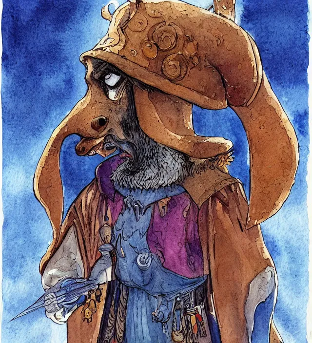 Image similar to a watercolor ink painting of an anthropomorphic dog wizard / knight in the style of jean giraud in the style of moebius trending on artstation deviantart pinterest detailed realistic hd 8 k high resolution