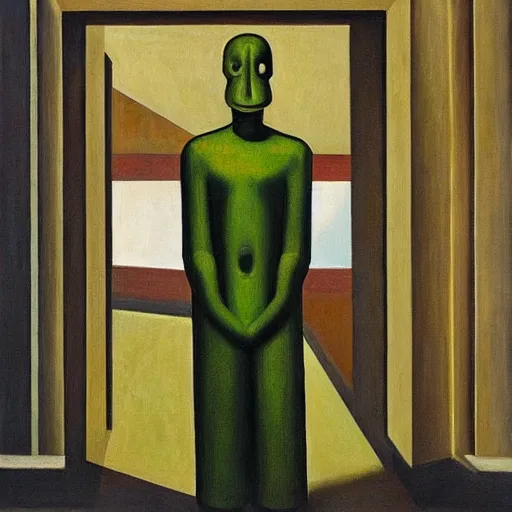 Image similar to brutalist giant unfeeling robot bishop visage, portrait, atrium, rotunda, dystopian, pj crook, edward hopper, oil on canvas