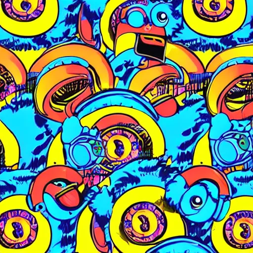 Prompt: Sesame Street Cookie Monster, Headphones, Disc-Jockeying, DJ, spinning records, Psychedelic, Cyberpunk, svg digital art, full body, from a slight distance
