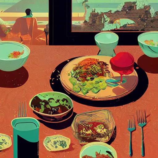 Image similar to illustration of the best meal, by Victo Ngai and James Gilleard and Bruce Pennington