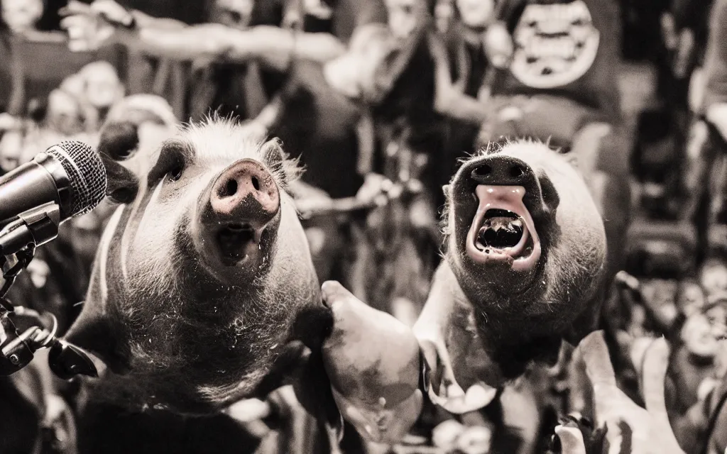 Image similar to a pig screaming on the microphone in a grindcore show