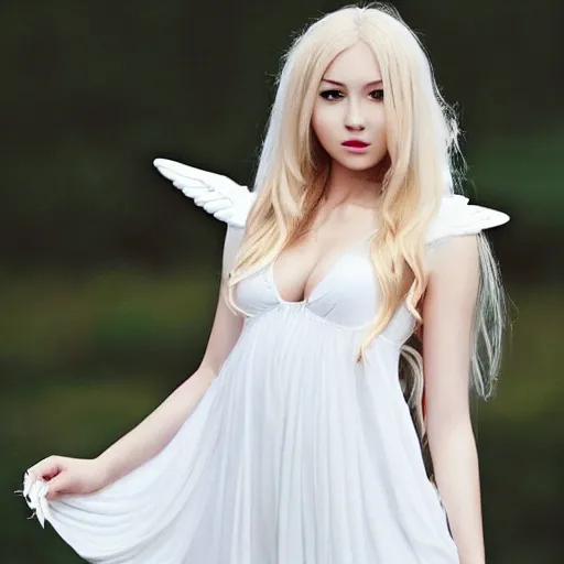 Prompt: of cute 2 0 year old female angel with long blonde hair with wings and white dress