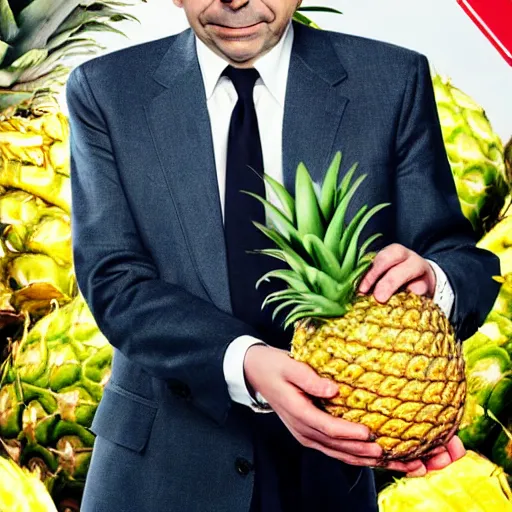 Image similar to rowan atkinson as mr. beans stealing a pineapple from target with a focused face, realistic photo, uhd