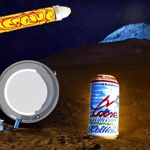 Prompt: photo of a detailed realistic idle regular sized electric guitar and a detailed realistic idle regular sized beer can next to one another on the moon surface. realistic. detailed