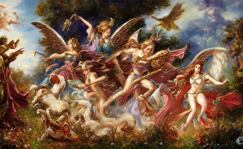 Prompt: The epic battle of elves and angels on the ancient ruins. By Konstantin Razumov, highly detailded