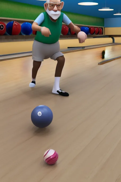 Prompt: a stylized 3 d old man character bowling, wearing short shorts, long socks and a bowlers shirt