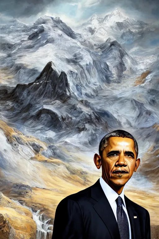 Image similar to obama nervously standing next to a mountain made of papers, oil on canvas, intricate, 8 k highly professionally detailed, hdr, cgsociety