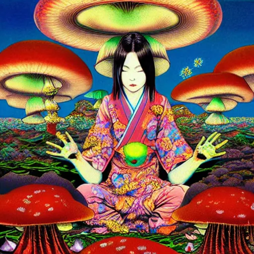 Image similar to a japanese psychedelic love goddess, a sense of awe, offering mushrooms, illustration, slime, amanita - muscaria, elegant, hyper realistic, super detailed, by tadanori yokoo