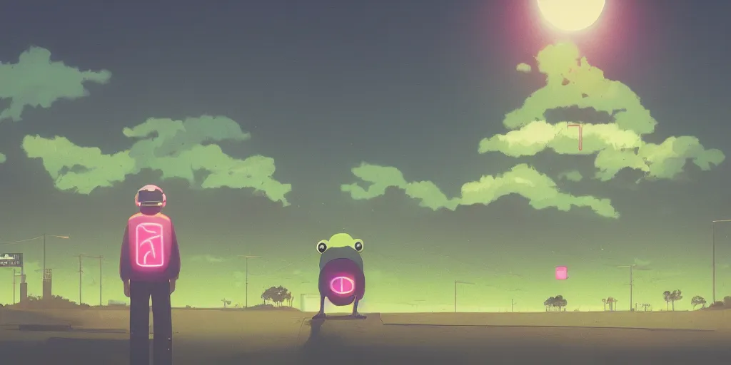 Image similar to Portrait using the Rule of Thirds, focusing on a frog, Portrait, Very Cloudy Sky, Sun, Neon Lights, Rule of Thirds, perspective, Retrofuturism, Studio Ghibli, Simon Stålenhag