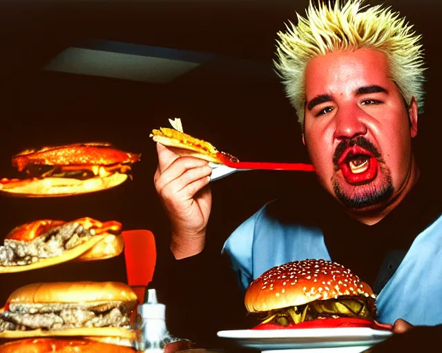 Image similar to dramatic color photo of guy fieri eating a burger, detailed and creepy, by william eggleston, fujifilm velvia 5 0, color photography, sigma 2 8 mm