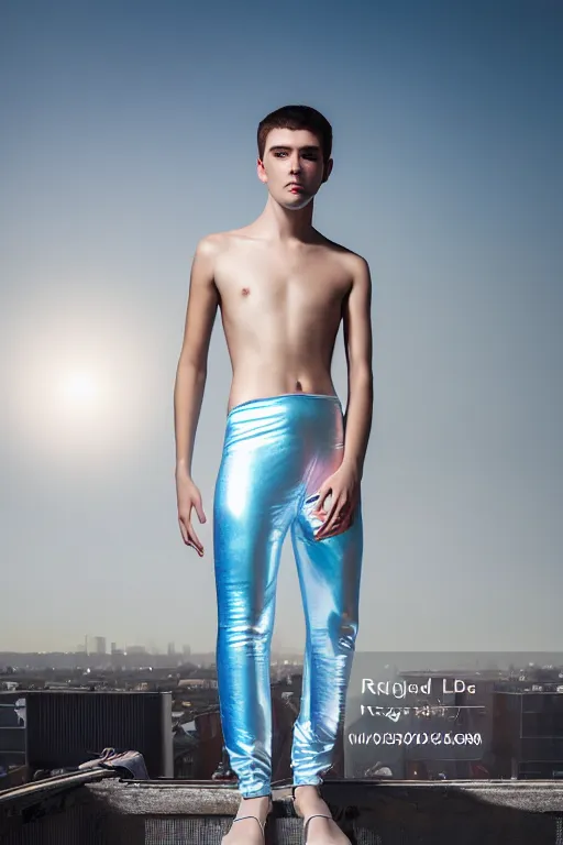 Image similar to un ultra high definition studio quality photographic art portrait of a young man standing on the rooftop of a british apartment building wearing soft baggy inflatable padded silver iridescent pearlescent clothing. three point light. extremely detailed. golden ratio, ray tracing, volumetric light, shallow depth of field. set dressed.