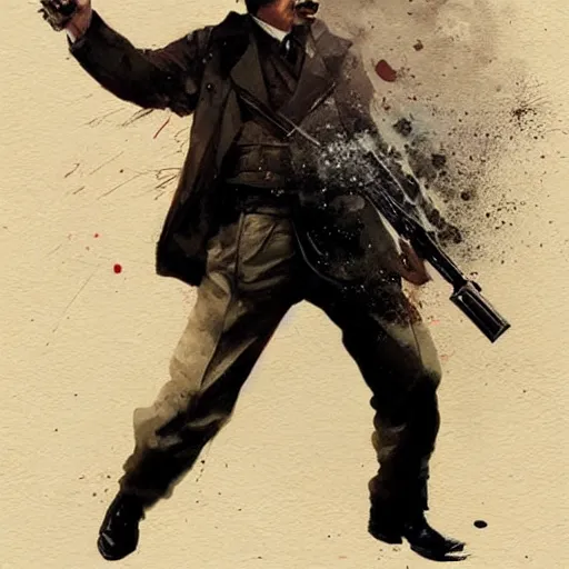 Image similar to adolf hitler holding a gun and shooting himself his head exploded because of the bullet by greg rutkowski