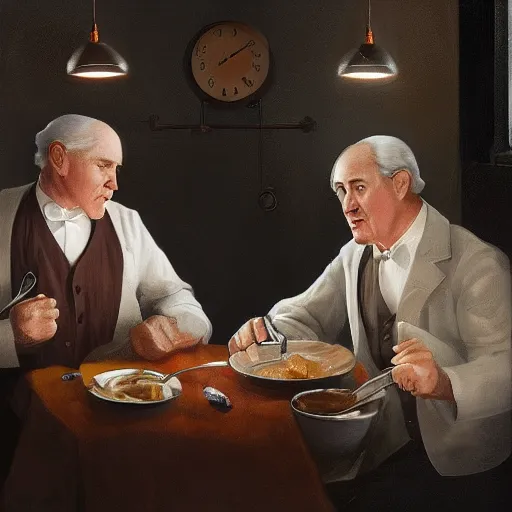 Prompt: thomas edison eating pork stew, trending on artstation