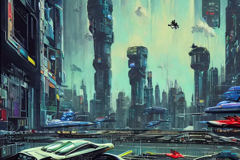 Prompt: City Scape with Flying Cars. in cyberpunk style by Vincent Di Fate