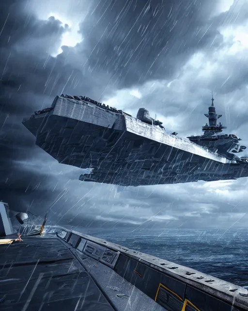 Prompt: view from an aircraft carrier of stormy seas, a gigantic star destroyer spaceship flying overhead, stormy weather, unreal engine, hyper realism, realistic shading, cinematic composition, realistic render, octane render, detailed textures, photorealistic, ultrawide shot, 16mm lens