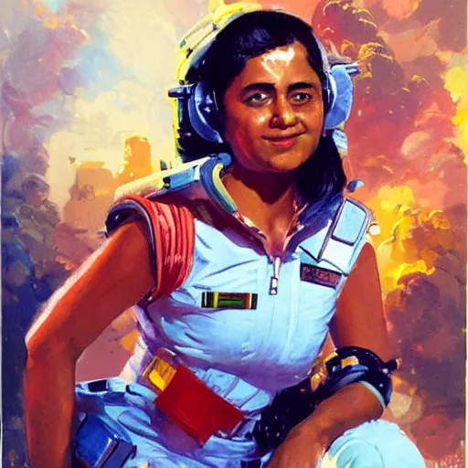 Image similar to a female space cadet from india, resting after a hard mission, happily tired, sci fi character portrait by John Berkey