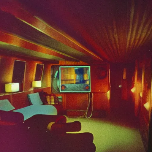 Prompt: interior view of a 1970s luxury cabin at night with television, people wearing disco clothing having a party, ektachrome photograph, f8 aperture