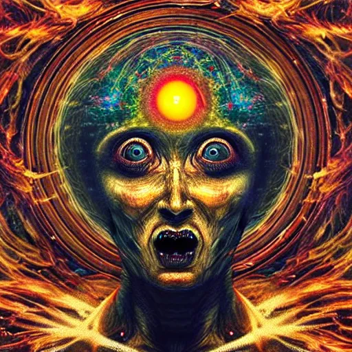 Image similar to the transcendent being embodying fundamental fear from the outer space, photorealistic, detailed photography, divinity, awful, cosmic horror, religious art