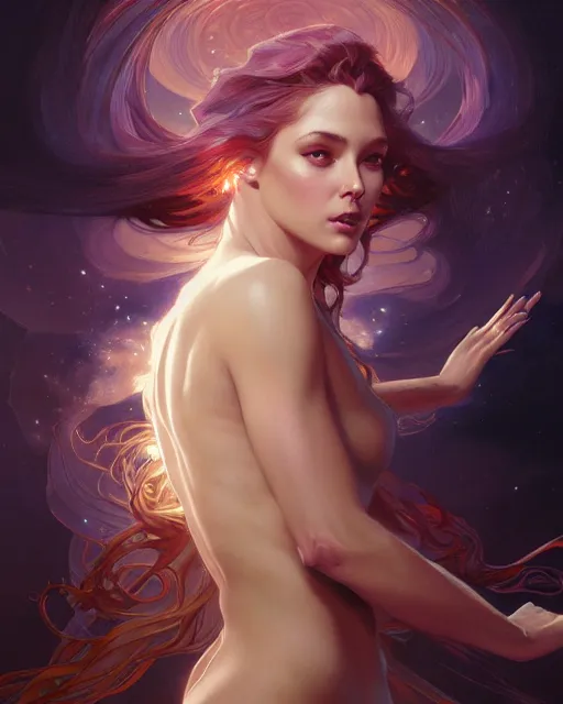 Image similar to painting of stunning otherworldly goddess of beauty rising from the void, highly detailed, digital painting, artstation, concept art, smooth, sharp focus, illustration, art by artgerm and greg rutkowski and alphonse mucha, 8 k