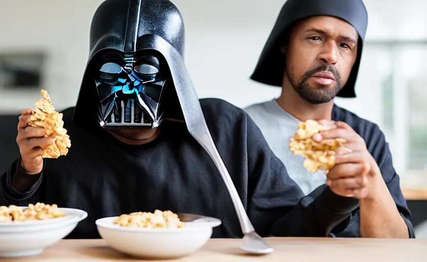 Prompt: Darth sitting at the table with a spoon in his hand looking at his cereal, 8k