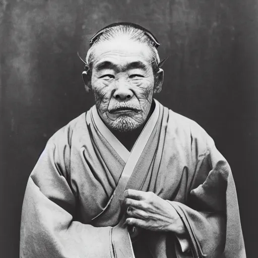 Prompt: portrait old samurai hero, mystical, leica, by photographer man ray, black and white