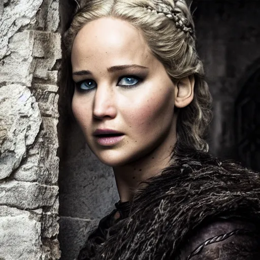 Image similar to first shot of jennifer lawrence in game of thrones, ( eos 5 ds r, iso 1 0 0, f / 8, 1 / 1 2 5, 8 4 mm, postprocessed, crisp face, facial features )