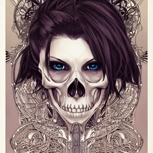 Image similar to anime manga skull portrait young beautiful Marie Avgeropoulos skeleton, intricate, elegant, highly detailed, digital art, ffffound, art by JC Leyendecker and sachin teng