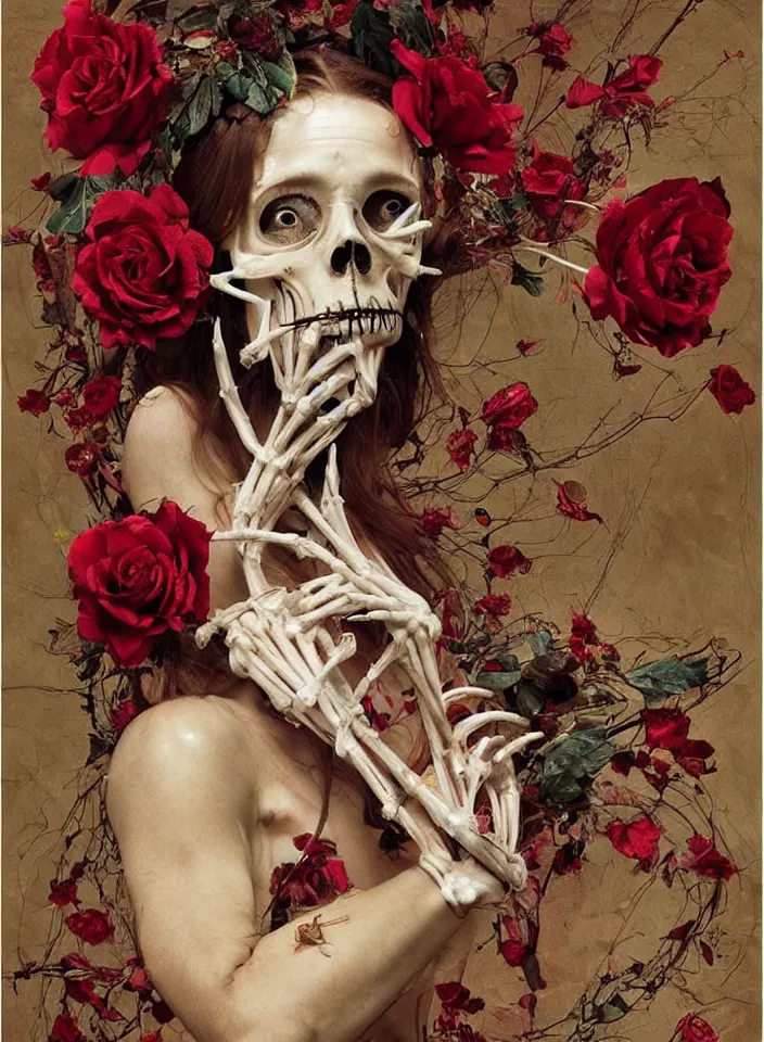 Image similar to transparent woman in a mask of a bird\'s skull with a wreath of roses, dressed in a dress of red boiling liquid wax, from under which the bones of the skeleton are visible, flying around the bird, buds and rose petals, dark background, painted by Caravaggio, Greg rutkowski, Sachin Teng, Thomas Kindkade, Alphonse Mucha, Norman Rockwell, Tom Bagshaw.