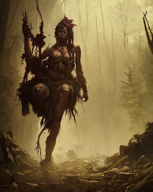 Image similar to hyper realistic photo of postapocalyptic cannibal scavenger shaman woman, full body, cinematic, artstation, cgsociety, greg rutkowski, james gurney, mignola, craig mullins, brom,