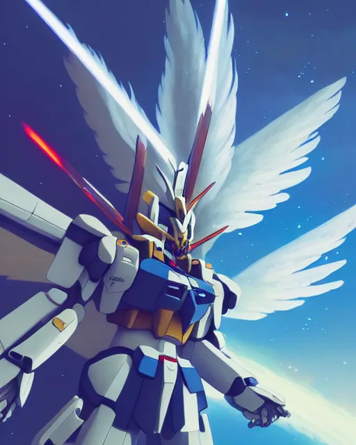 Image similar to highly detailed vfx portrait of an angelic gundam with wings of feathers beam saber fighting in space with a beam gun, unreal engine, greg rutkowski, loish, rhads, beeple, makoto shinkai and lois van baarle, ilya kuvshinov, rossdraws, tom bagshaw, alphonse mucha, global illumination, detailed and intricate environment