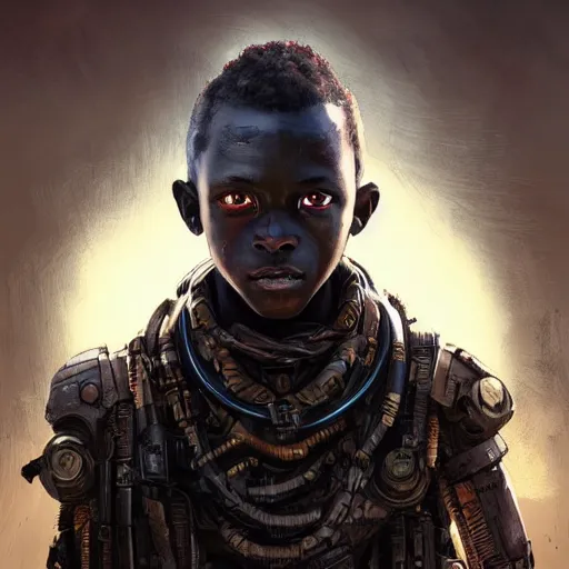 Image similar to a dark and ominous cyborg african child soldier with glowing eyes, Apex Legends character digital illustration portrait design, by android jones and greg rutkowski in a cyberpunk voodoo style, detailed, cinematic lighting, wide angle action dynamic portrait